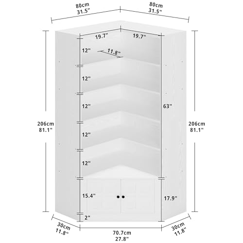IRONCK White 81" Tall Corner Bookcase with Door, 6 Tiers for Living Room and Home Office, Large Storage Rack