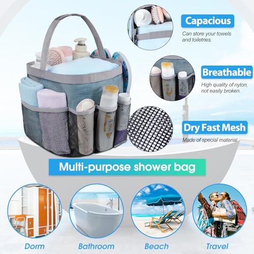 Attmu Mesh Shower Caddy for College Students with 8 Pockets, Hanging Dorm Basket, Quick Dry Shower Bag for Bath Time