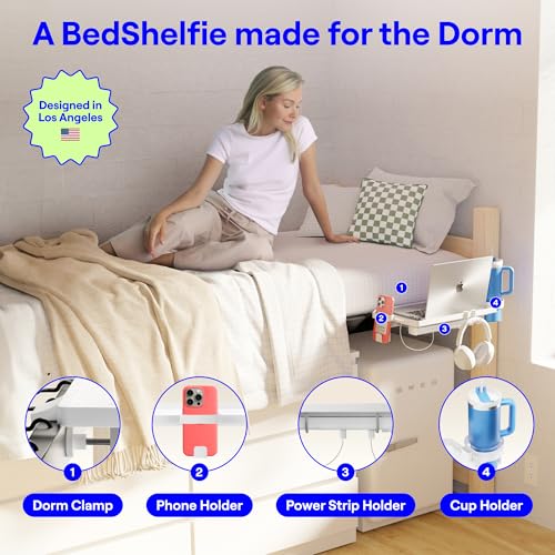 BedShelfie White Clip On Nightstand for College Dorm Room Bunk Bed & Top Bunk - Dorm Room Essentials, Dorm Room Decor