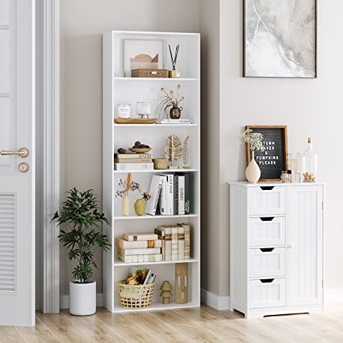 Fotosok White 6-Tier Open Bookcase for Bedroom Living Room and Office